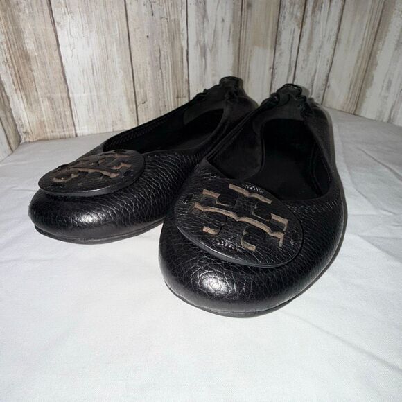 Tory Burch Black Leather Logo Ballet Flats | Classic Round Toe Slip-On Shoes Siz - Picture 6 of 12